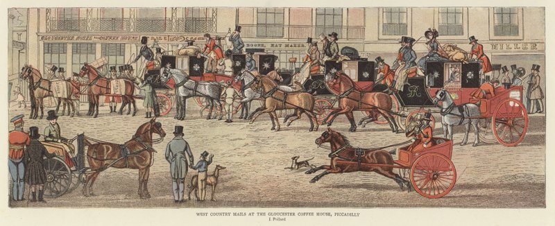 West Country Mails på Gloucester Coffee House, Piccadilly (färg litho) av James (after) Pollard
