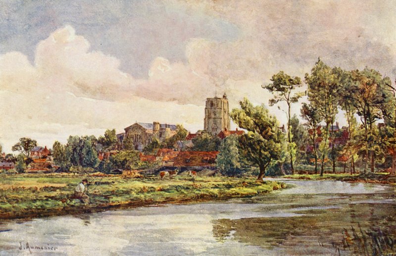 Waveney vid Beccles, med kyrkan St Michael (färglitografi) av James Aumonier