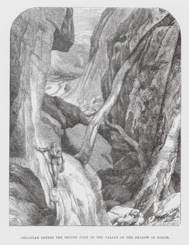 Christian går in i den andra delen av dödsskuggans dal (gravyr) av James Dawson Watson