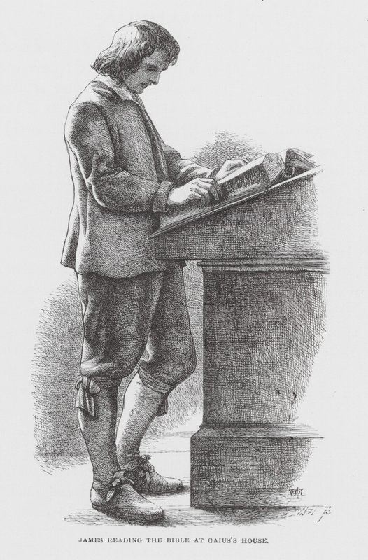 James läser Bibeln i Gaius hus (gravyr) av James Dawson Watson