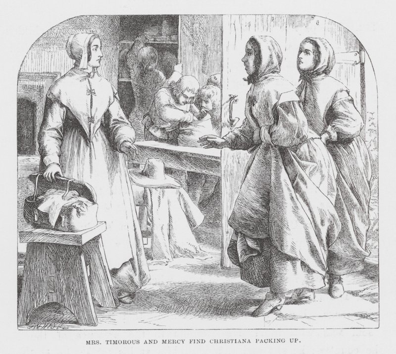 Mrs Timorous och Mercy hittar Christiana när hon packar (gravyr) av James Dawson Watson