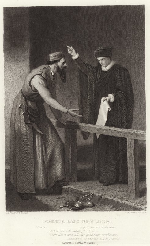 Portia och Shylock, Venedigs köpman, akt IV, scen I av James Dawson Watson