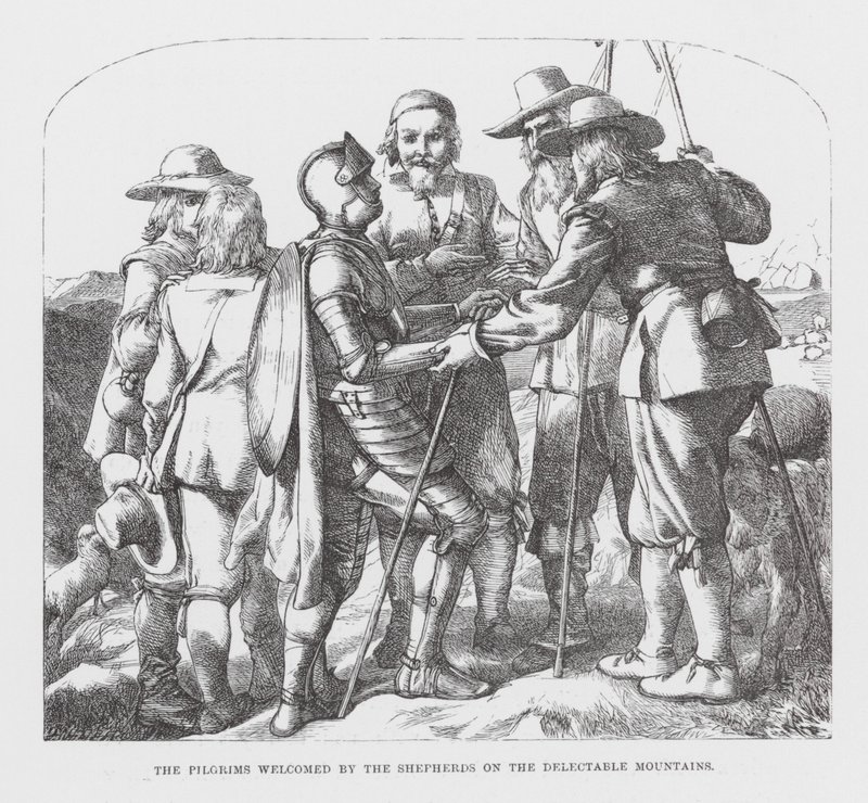 Pilgrimerna välkomnas av herdarna på de ljuvliga bergen (gravyr) av James Dawson Watson