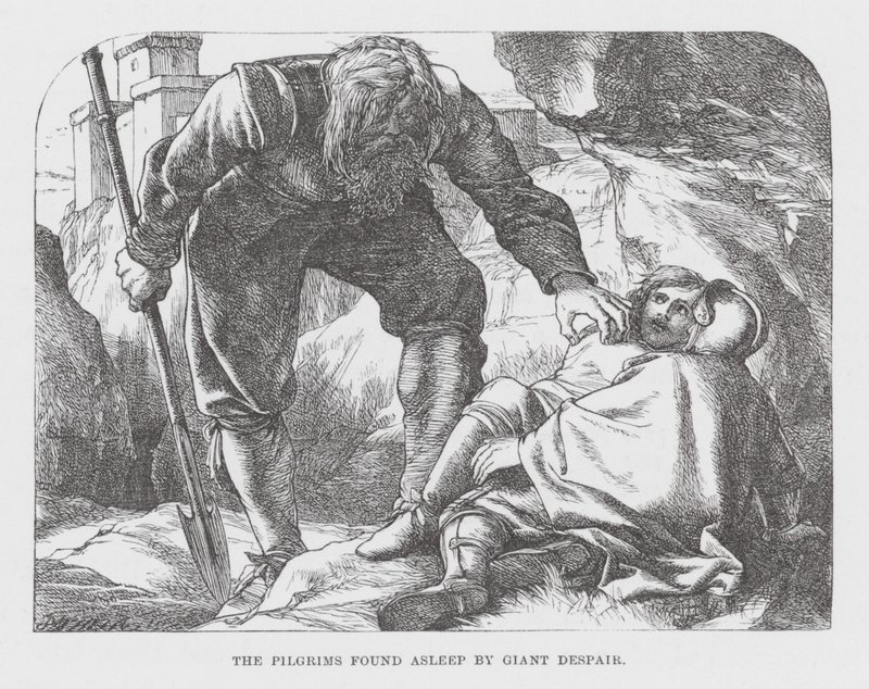 Pilgrimerna hittades sovande av jätten Despair (gravyr) av James Dawson Watson