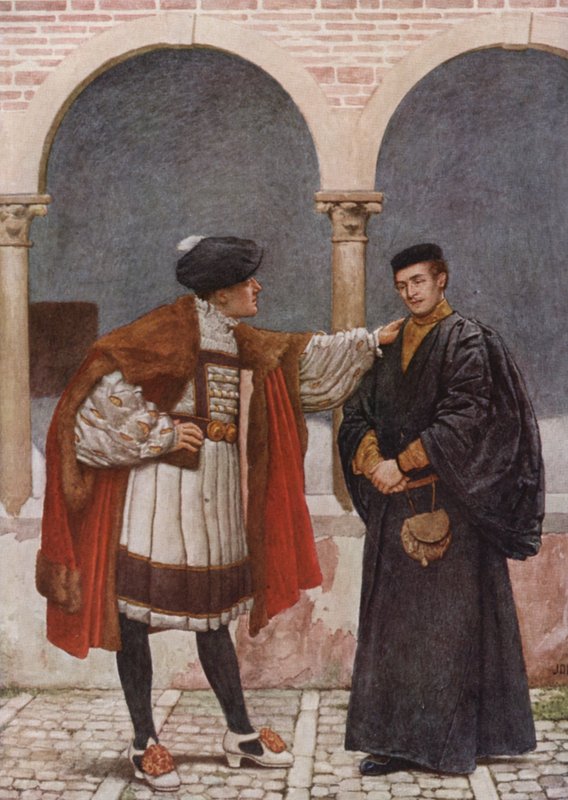 Shakespeares Köpmannen i Venedig: Antonio och Bassanio (färglitografi) av James Dromgole Linton