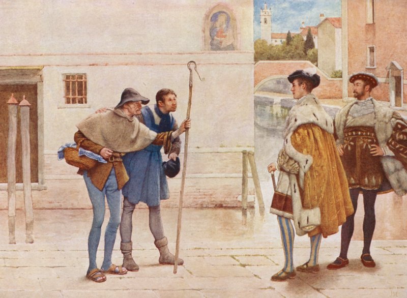 Shakespeares Köpmannen i Venedig: Bassanio, Lorenzo, Gamle Gobbo och Launcelot Gobbo (färglitografi) av James Dromgole Linton