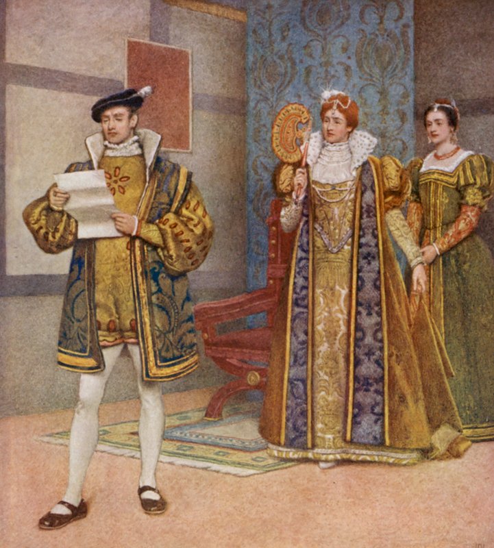 Shakespeares Köpmannen i Venedig: Bassanio, Portia och Nerissa (färglitografi) av James Dromgole Linton