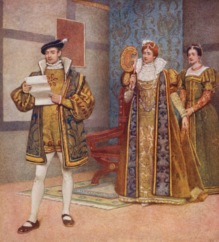 Shakespeares Köpmannen i Venedig: Bassanio, Portia och Nerissa (färglitografi) av James Dromgole Linton