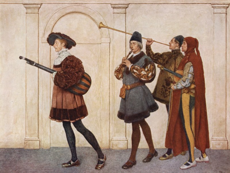 Shakespeares Köpmannen i Venedig: Musikerna kommer in (färglitografi) av James Dromgole Linton