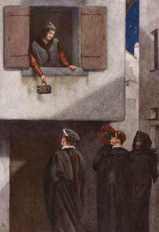 Shakespeares Köpmannen i Venedig: Jessica, Lorenzo, Gratiano och Salarino (färglitografi) av James Dromgole Linton