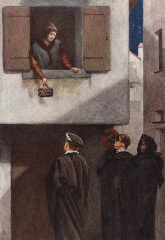 Shakespeares Köpmannen i Venedig: Jessica, Lorenzo, Gratiano och Salarino (färglitografi) av James Dromgole Linton