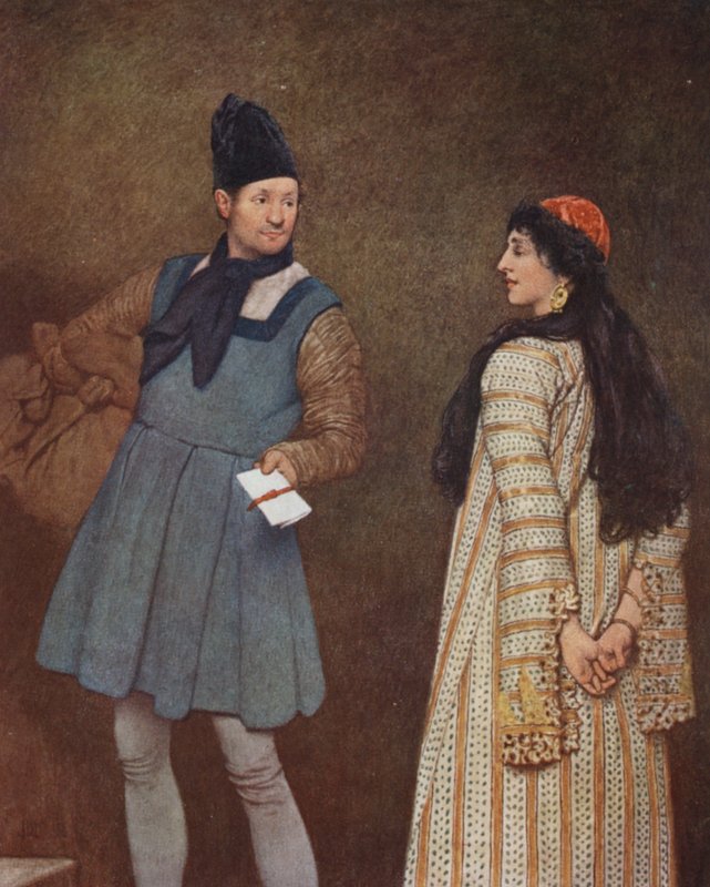 Shakespeares Köpmannen i Venedig: Jessica och Launcelot (färglitografi) av James Dromgole Linton