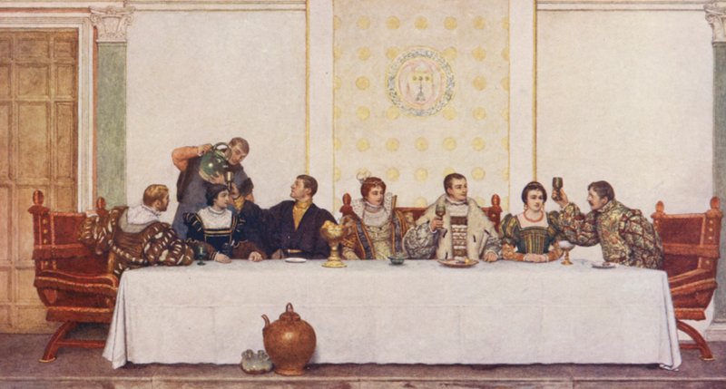 Shakespeares Köpmannen i Venedig: Lorenzo, Jessica, Antonio, Portia, Bassanio, Nerissa och Gratiano (färglitografi) av James Dromgole Linton