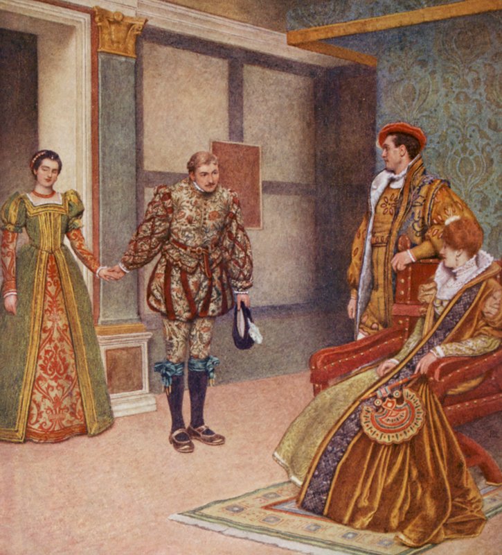 Shakespeares Köpmannen i Venedig: Portia, Bassanio, Gratiano och Nerissa (färglitografi) av James Dromgole Linton