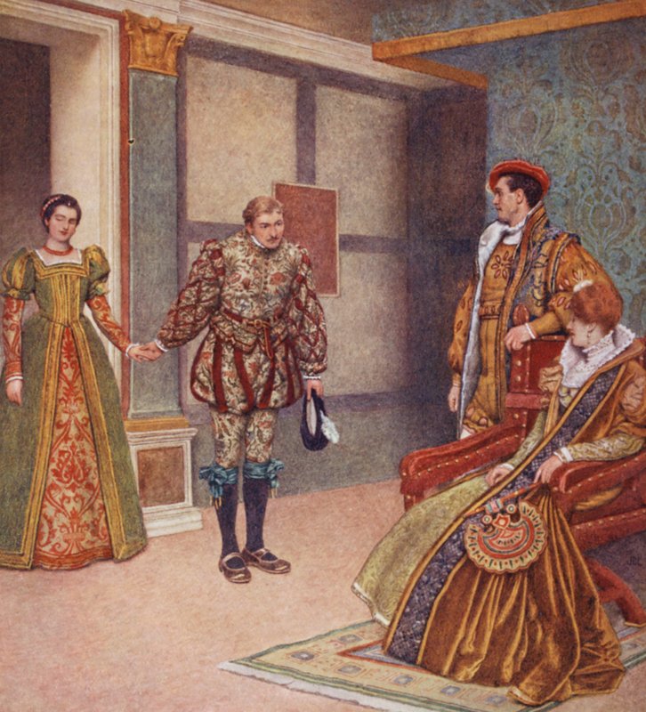 Shakespeares Köpmannen i Venedig: Portia, Bassanio, Gratiano och Nerissa (färglitografi) av James Dromgole Linton