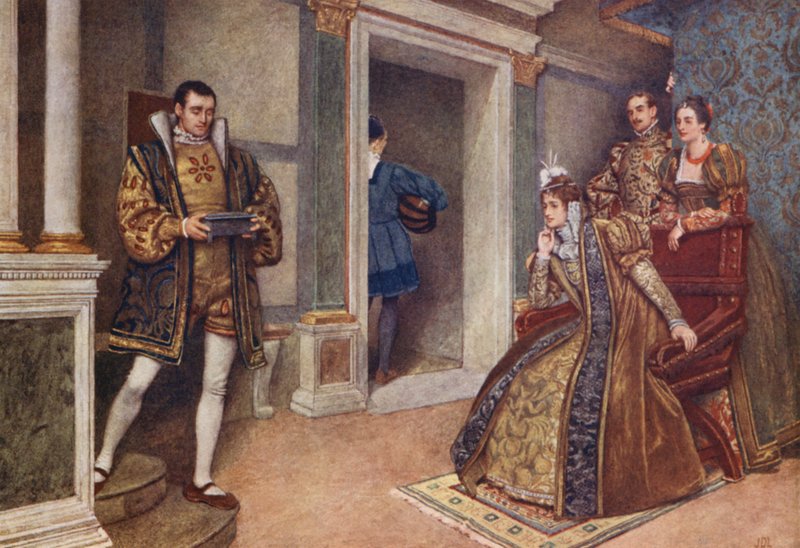 Shakespeares Köpmannen i Venedig: Portia, Bassanio, Nerissa och Gratiano (färglitografi) av James Dromgole Linton