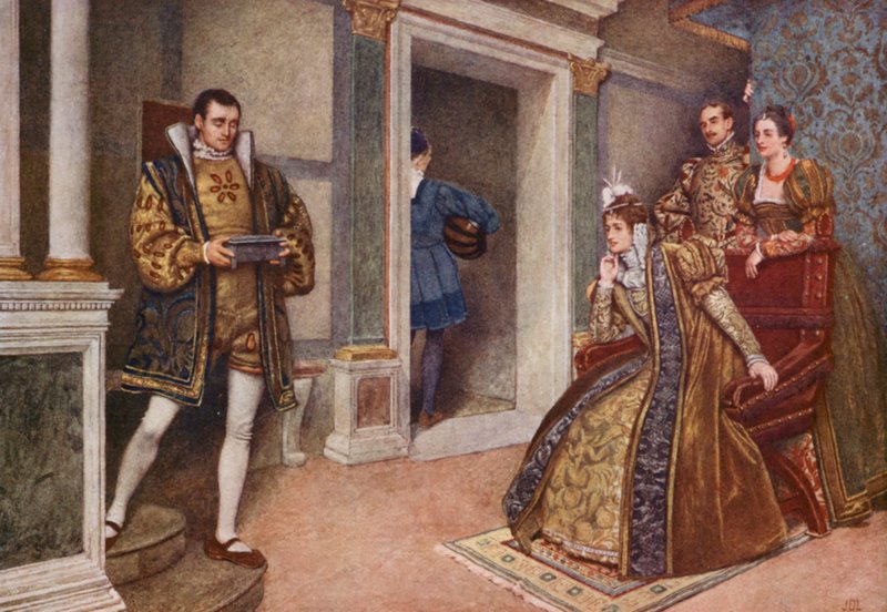 Shakespeares Köpmannen i Venedig: Portia, Bassanio, Nerissa och Gratiano (färglitografi) av James Dromgole Linton