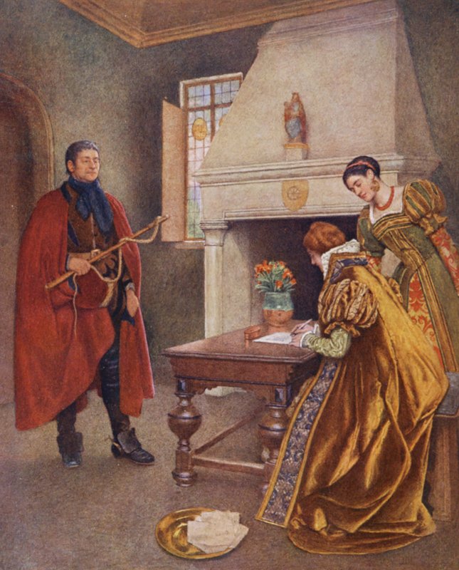 Shakespeares Köpmannen i Venedig: Portia, Nerissa och Balthazar (färglitografi) av James Dromgole Linton