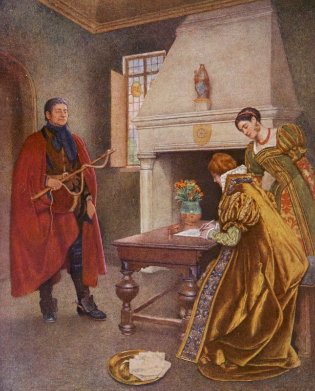 Shakespeares Köpmannen i Venedig: Portia, Nerissa och Balthazar (färglitografi) av James Dromgole Linton