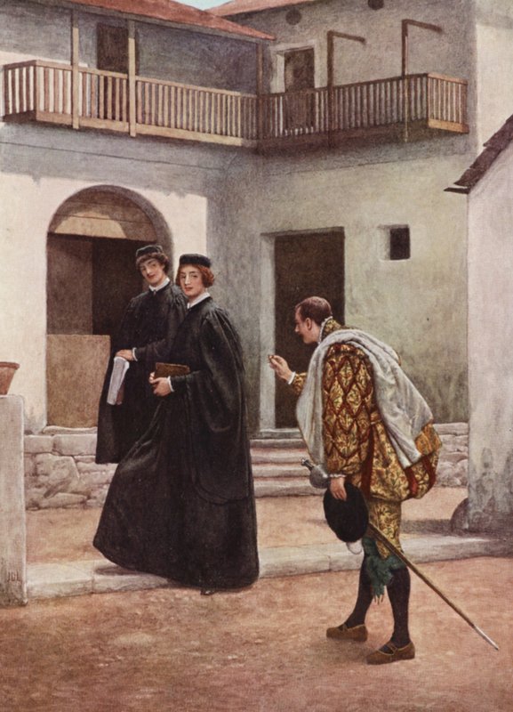Shakespeares Köpmannen i Venedig: Portia, Nerissa och Gratiano (färglitografi) av James Dromgole Linton