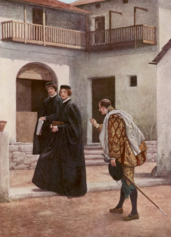 Shakespeares Köpmannen i Venedig: Portia, Nerissa och Gratiano (färglitografi) av James Dromgole Linton