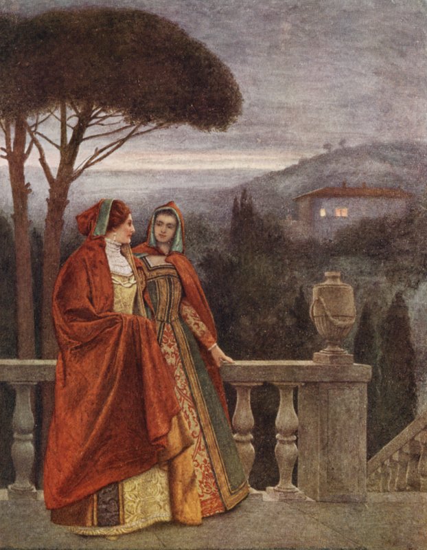 Shakespeares Köpmannen i Venedig: Portia och Nerissa (färglitografi) av James Dromgole Linton