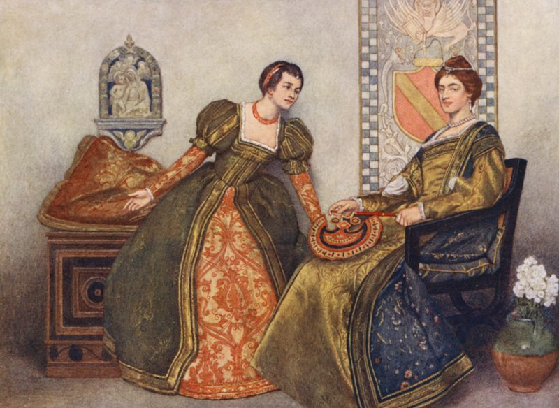 Shakespeares Köpmannen i Venedig: Portia och Nerissa (färglitografi) av James Dromgole Linton