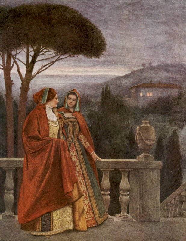 Shakespeares Köpmannen i Venedig: Portia och Nerissa (färglitografi) av James Dromgole Linton
