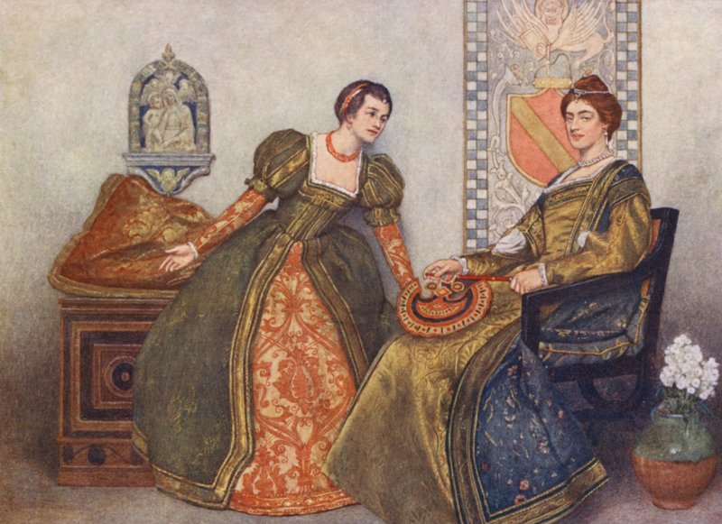 Shakespeares Köpmannen i Venedig: Portia och Nerissa (färglitografi) av James Dromgole Linton