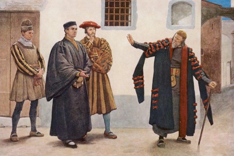 Shakespeares Köpmannen i Venedig: Shylock, Antonio, Salarino och Gaoler (färglitografi) av James Dromgole Linton