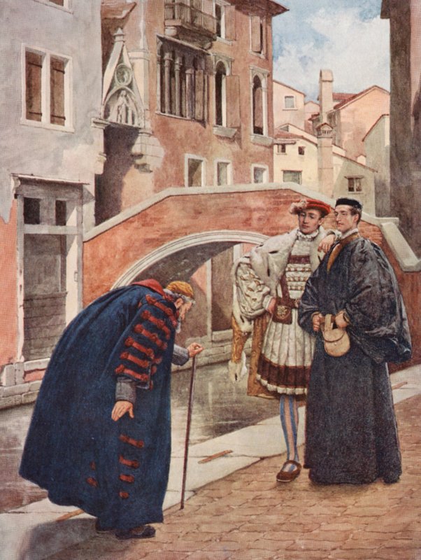 Shakespeares Köpmannen i Venedig: Shylock, Bassanio och Antonio (färglitografi) av James Dromgole Linton