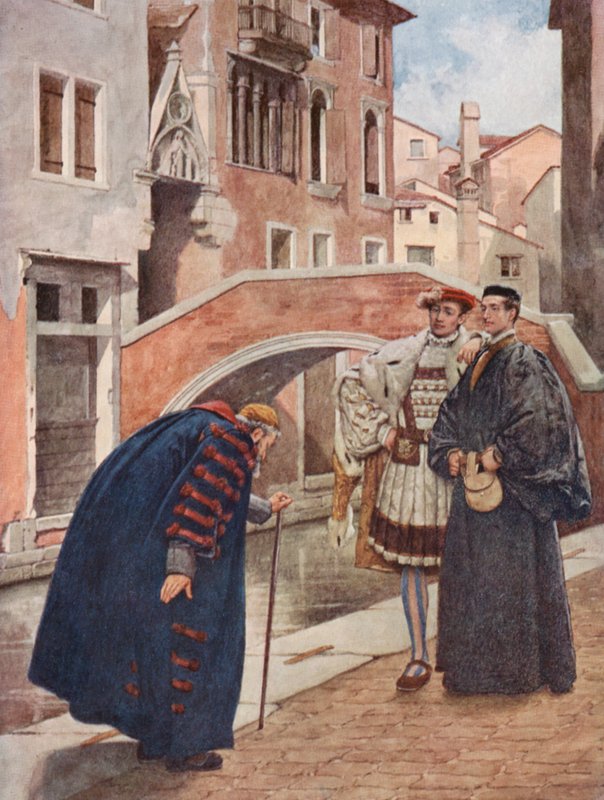 Shakespeares Köpmannen i Venedig: Shylock, Bassanio och Antonio (färglitografi) av James Dromgole Linton