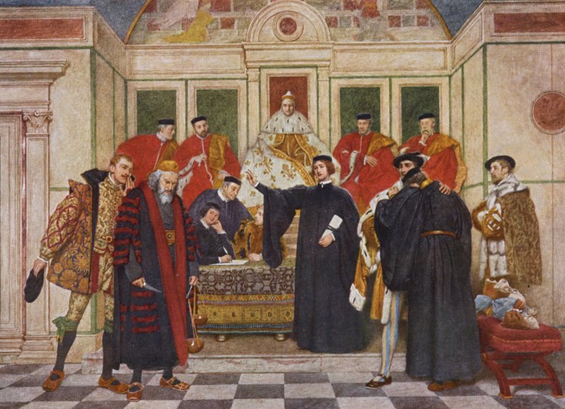 Shakespeares Köpmannen i Venedig: Shylock, Portia, Bassanio, Antonio, Gratiano och Nerissa (färglitografi) av James Dromgole Linton