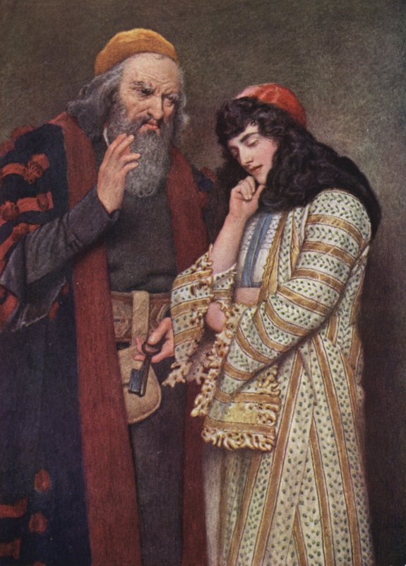 Shakespeares Köpmannen i Venedig: Shylock och Jessica (färglitografi) av James Dromgole Linton