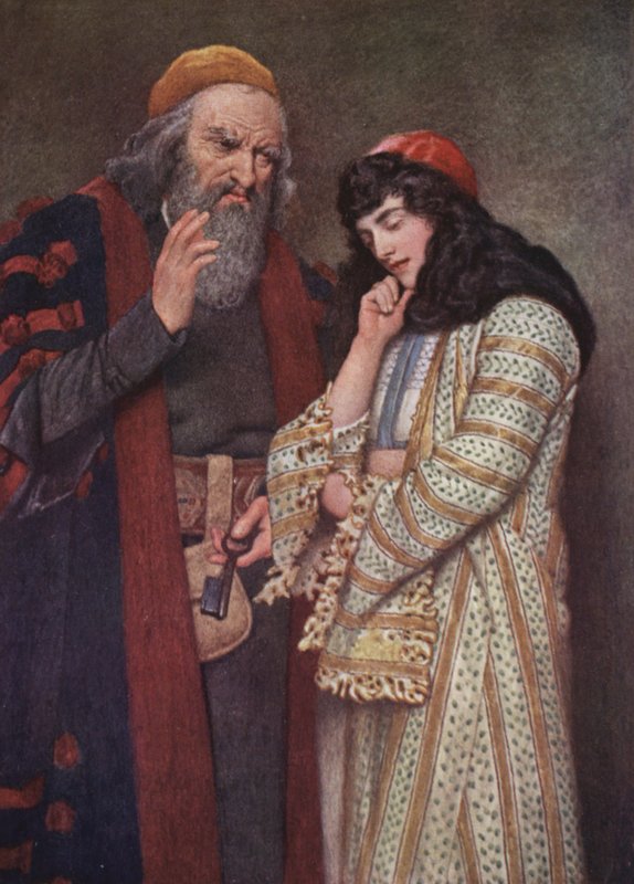 Shakespeares Köpmannen i Venedig: Shylock och Jessica (färglitografi) av James Dromgole Linton