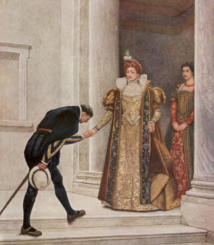Shakespeares Köpmannen i Venedig: Prinsen av Arragonien, Portia och Nerissa (färglitografi) av James Dromgole Linton
