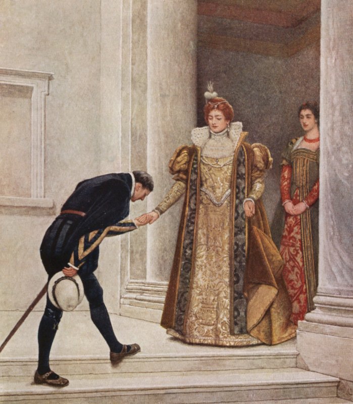 Shakespeares Köpmannen i Venedig: Prinsen av Arragonien, Portia och Nerissa (färglitografi) av James Dromgole Linton