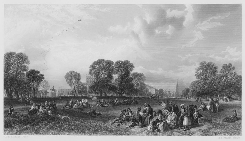 Hyde Park 1851, från bilden i Royal Collection (gravyr) av James Duffield Harding