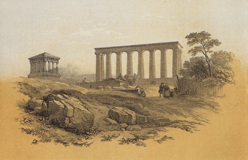 Nationalmonument, Calton Hill (chromolitho) av James Duffield Harding