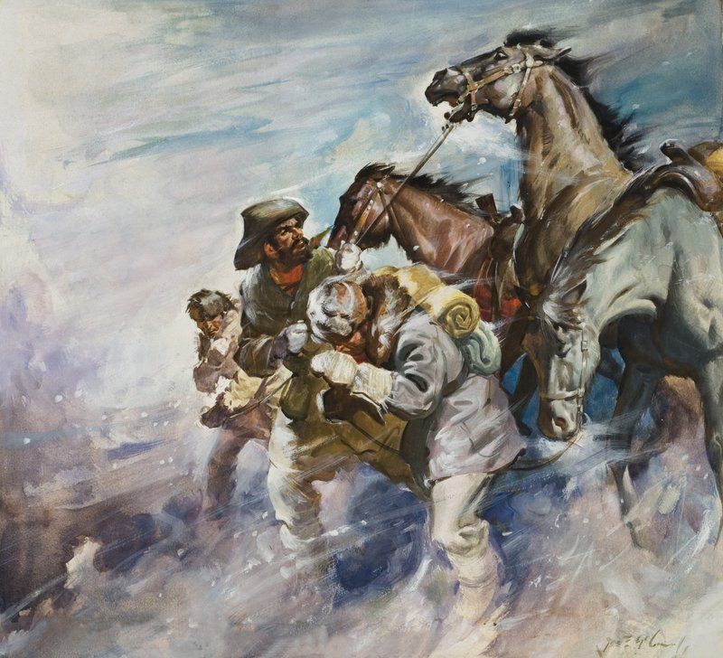 Män och hästar kämpar mot en storm (gouache på papper) av James Edwin McConnell