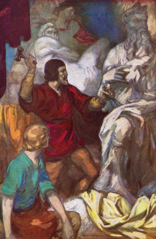 Michelangelo hugger Moses från klippan (färglitografi) av James Edwin McConnell