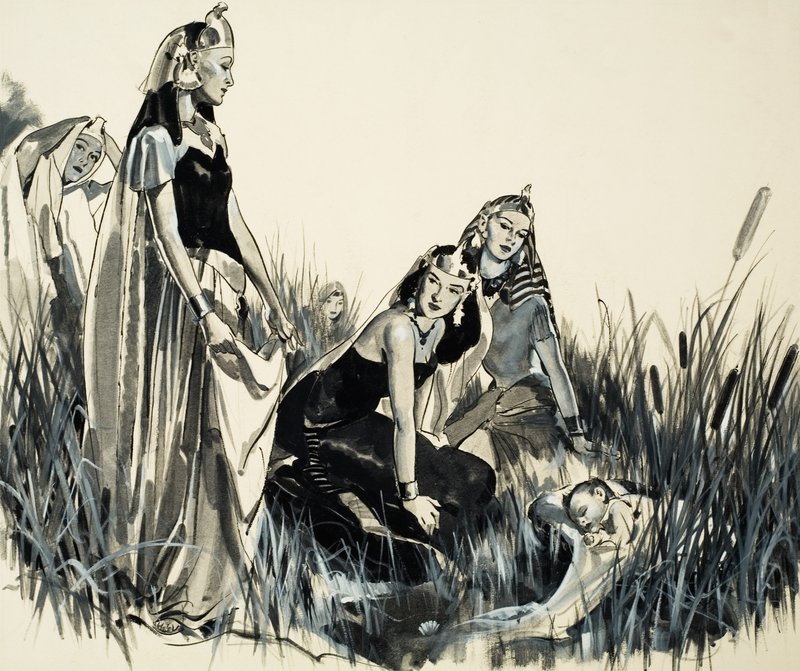 Moses hittas bland tjurruskorna (gouache på papper) av James Edwin McConnell