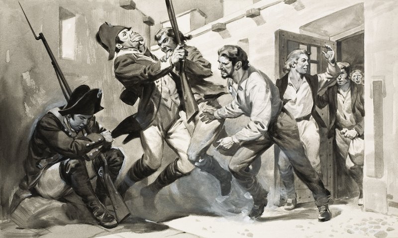 William Scoresby flyr från spanskt fängelse (gouache på papper) av James Edwin McConnell