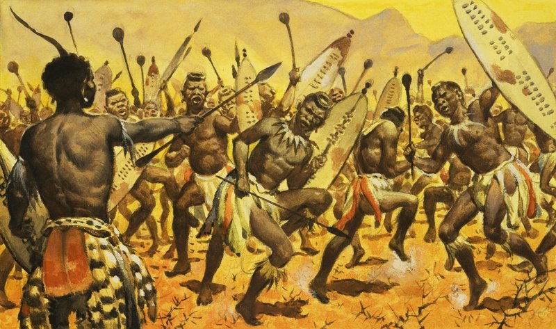 Zulukrigare tvingas av Shaka att dansa på taggig mark av James Edwin McConnell
