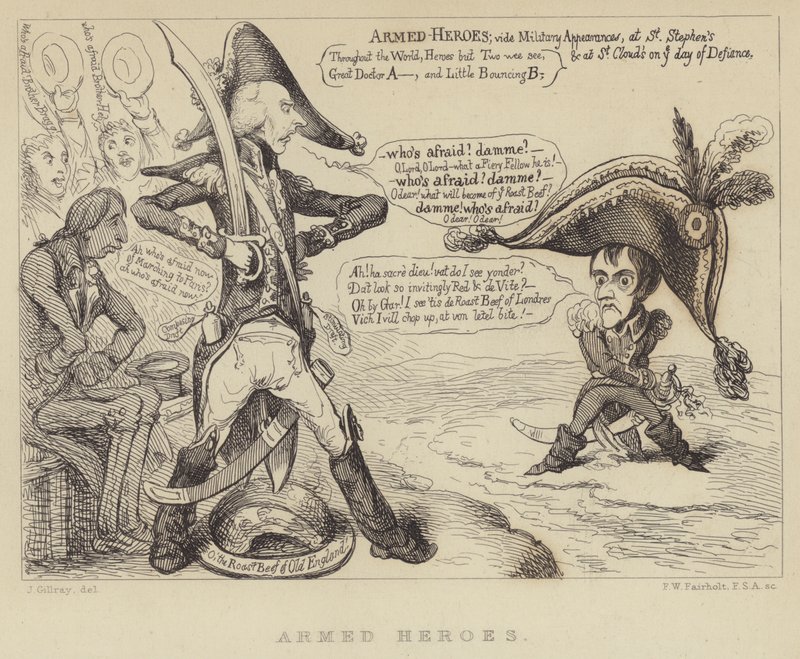 Beväpnade hjältar: Storbritanniens premiärminister Henry Addington konfronterar Napoleon och hotet om en fransk invasion, 1803 av James Gillray