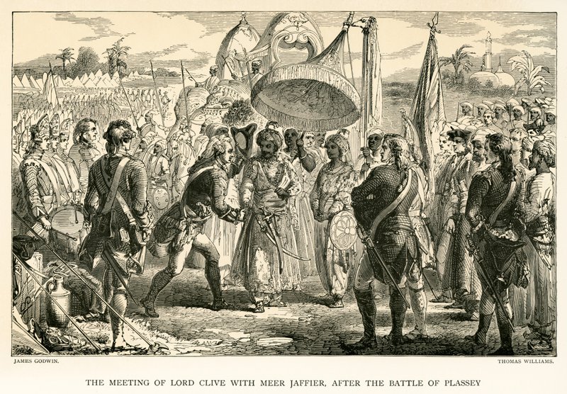 Lord Clives möte med Meer Jaffier, efter slaget vid Plassey (gravyr) av James Godwin