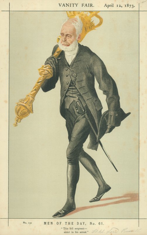 Överstelöjtn Lord Charles James Fox Russell, This fall sergeant strikt in his arrest, 12 april 1873, Vanity Fair cartoon av James Jacques Joseph Tissot