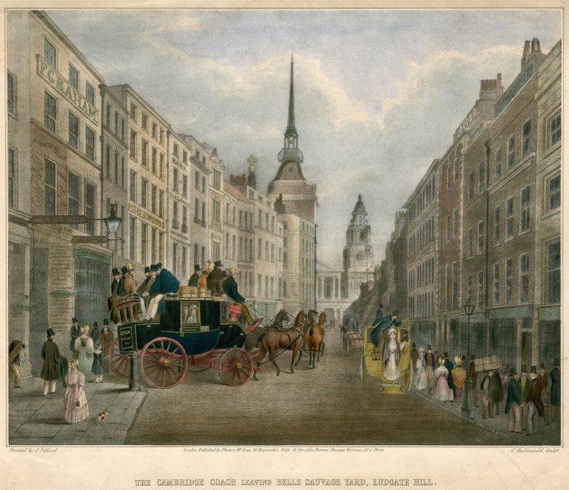 Cambridge Coach lämnar Belle Sauvage Yard, Ludgate Hill, London av James Pollard