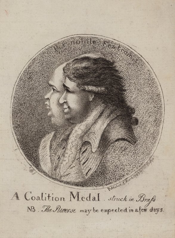 A Coalition Medal, Struck in Brass: satir över koalitionen av brittiska politiker Lord North och Charles James Fox, 1783 av James Sayers