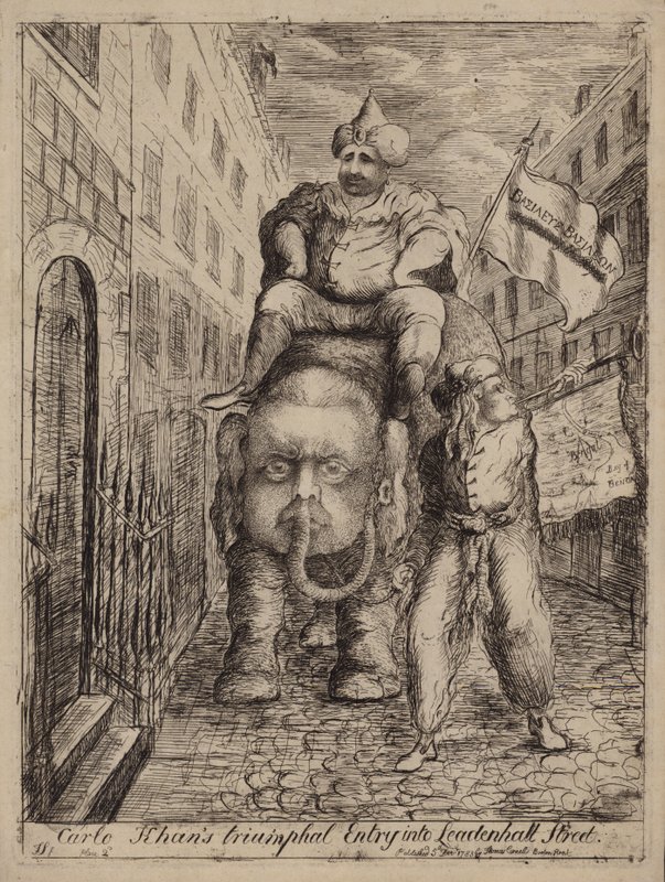 Carlo Khans Triumphal Entry into Leadenhall Street: satir över Whig-politikern Charles James Fox och hans ambitioner angående Indien av James Sayers